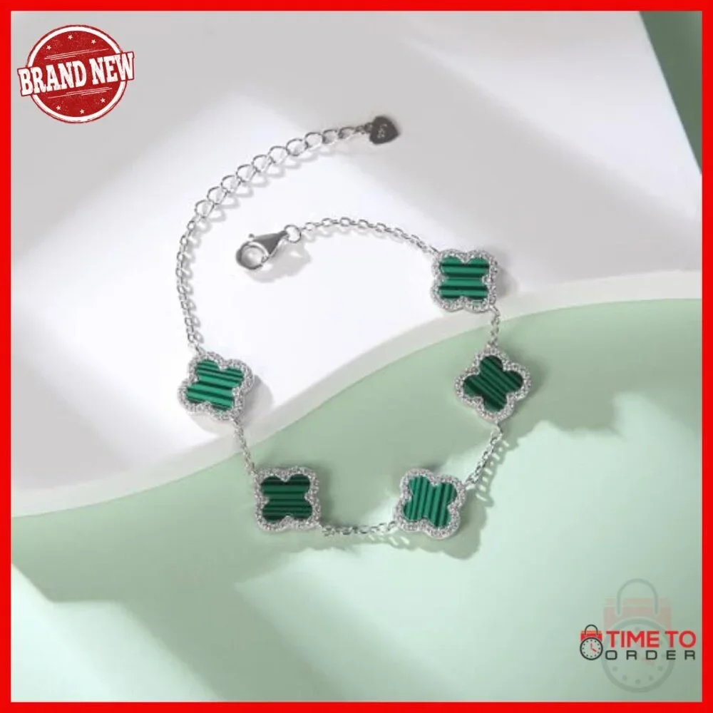 925 Sterling Silver Adjustable Malachite Clover Charm Bracelet